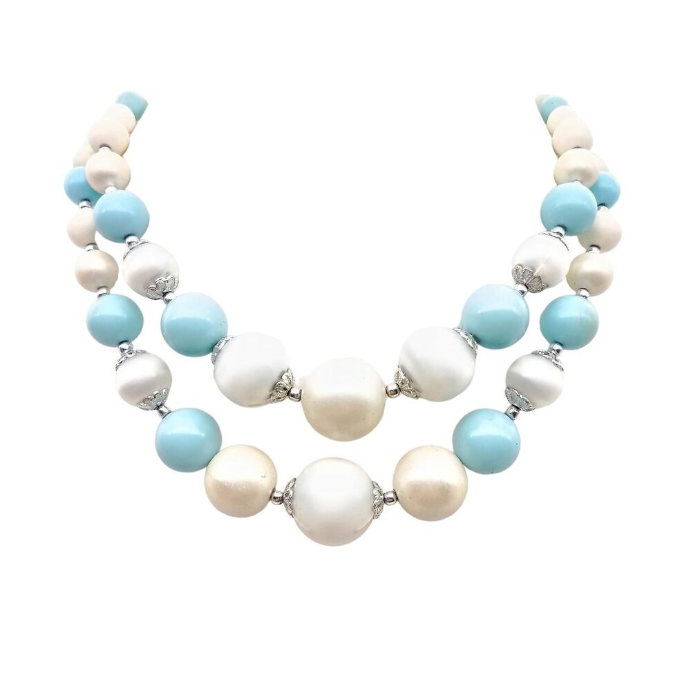 Vintage Double Strand Beaded Necklace White & Light Blue Statement Jewelry
